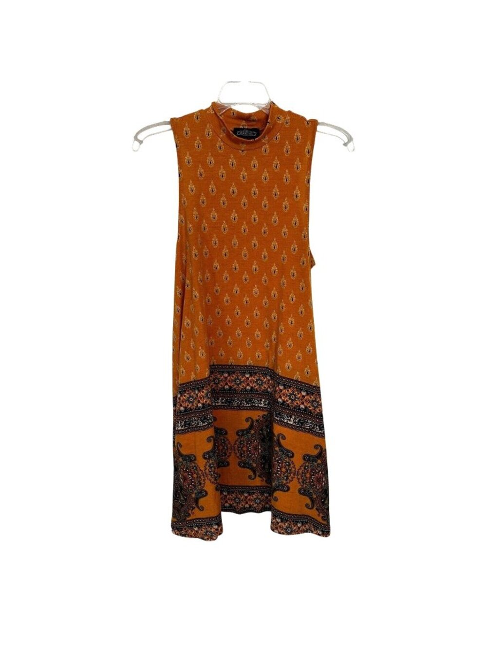 Angie Sleeveless Turtleneck Orange Dress Paisley Boho Tuni Top Mini Medium